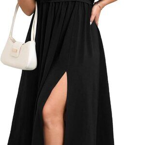 Plus Size Maxi Dress Polyester Pleated A-Line Flowy High Waist Elegant